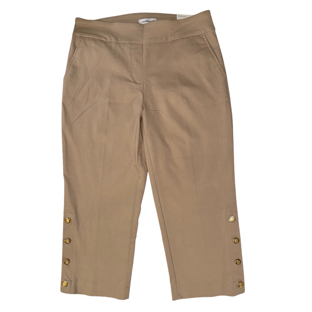 Liz Claiborne April Slim Leg Crop Pants Coastal Beige‎ Gold Button Womens 10 NEW